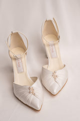 Elysia | Pantofi mireasa cu perle, piele satinata, toc gros