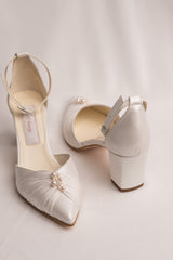 Elysia | Pantofi mireasa cu perle, piele satinata, toc gros