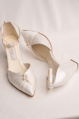Elysia | Pantofi mireasa cu perle, piele satinata, toc gros