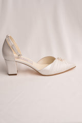 Elysia | Pantofi mireasa cu perle, piele satinata, toc gros