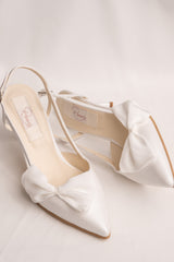 Pantofi mireasa toc mic, piele satinata și funde matase Seraphine