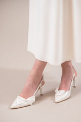 Pantofi mireasa toc mic, piele satinata și funde matase Seraphine