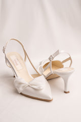 Pantofi mireasa toc mic, piele satinata și funde matase Seraphine