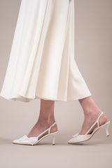 Pantofi mireasa toc mic, piele satinata și funde matase Seraphine