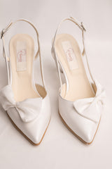 Pantofi mireasa toc mic, piele satinata și funde matase Seraphine