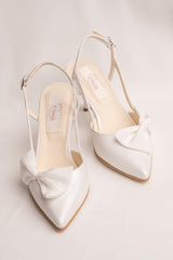 Pantofi mireasa toc mic, piele satinata și funde matase Seraphine