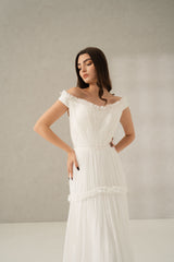 Rochie mireasa drapata umeri cazuti Alessandra