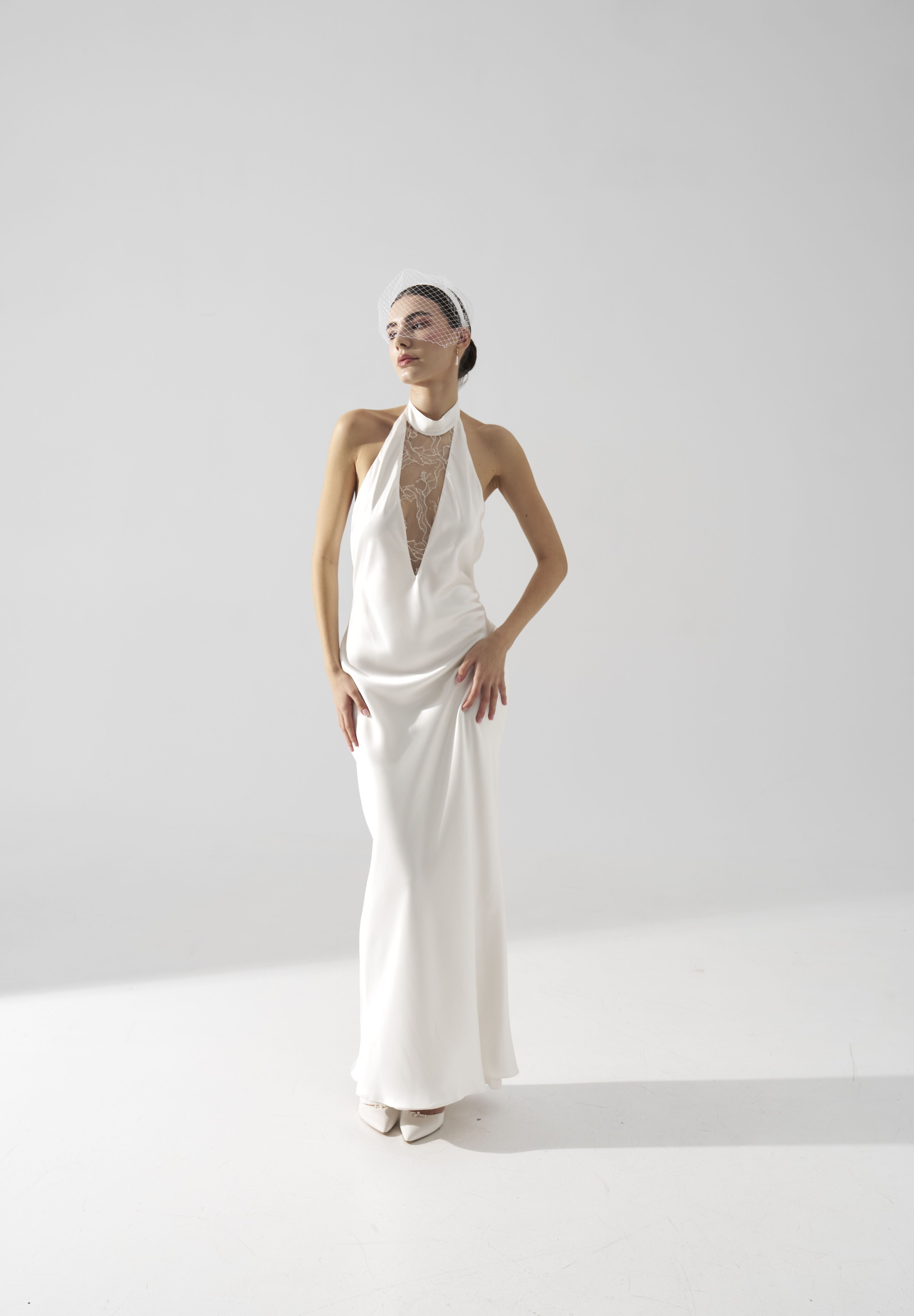 Rochie mireasa halter satin matase Bria