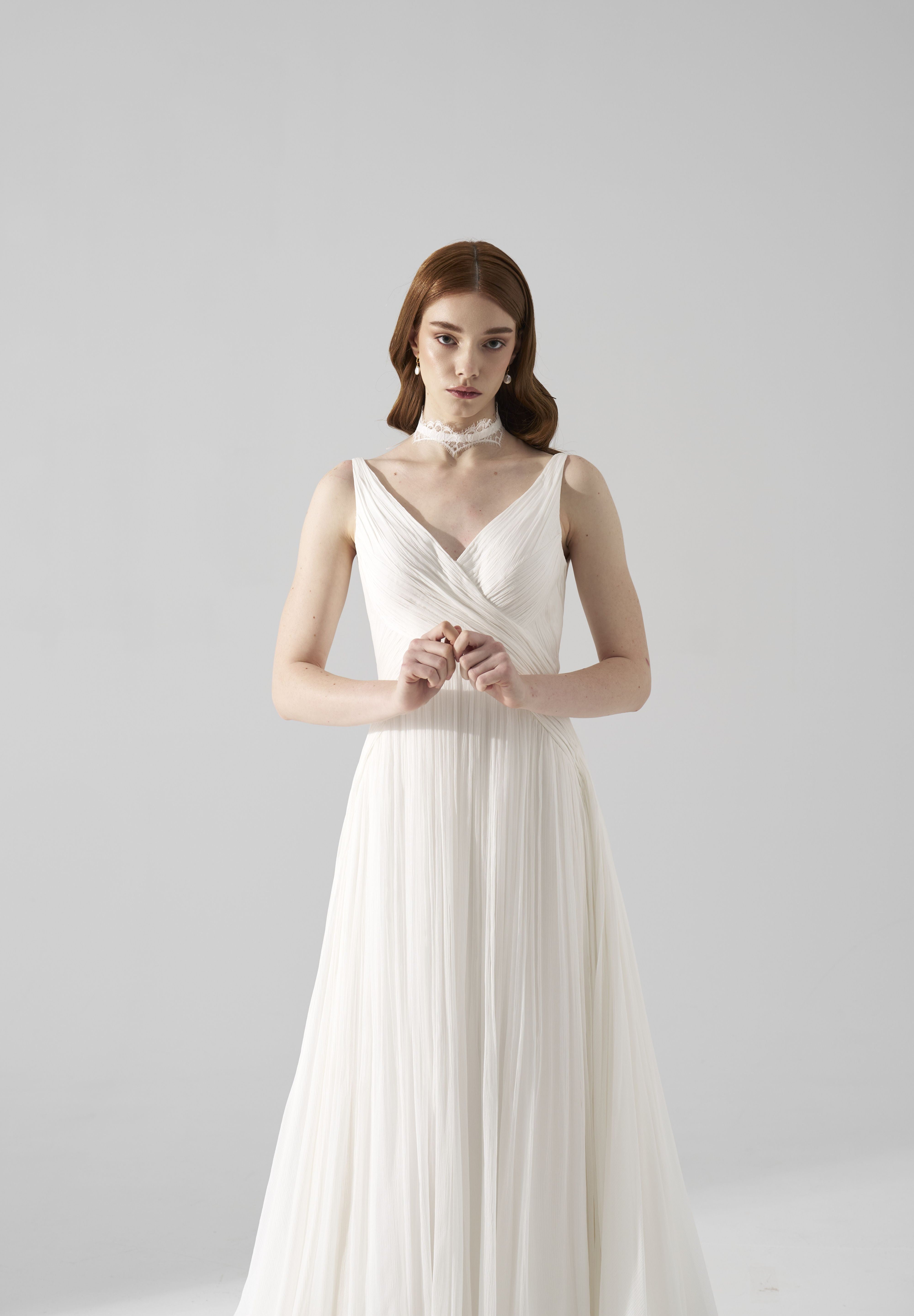 Rochie mireasa muselina drapata Saira