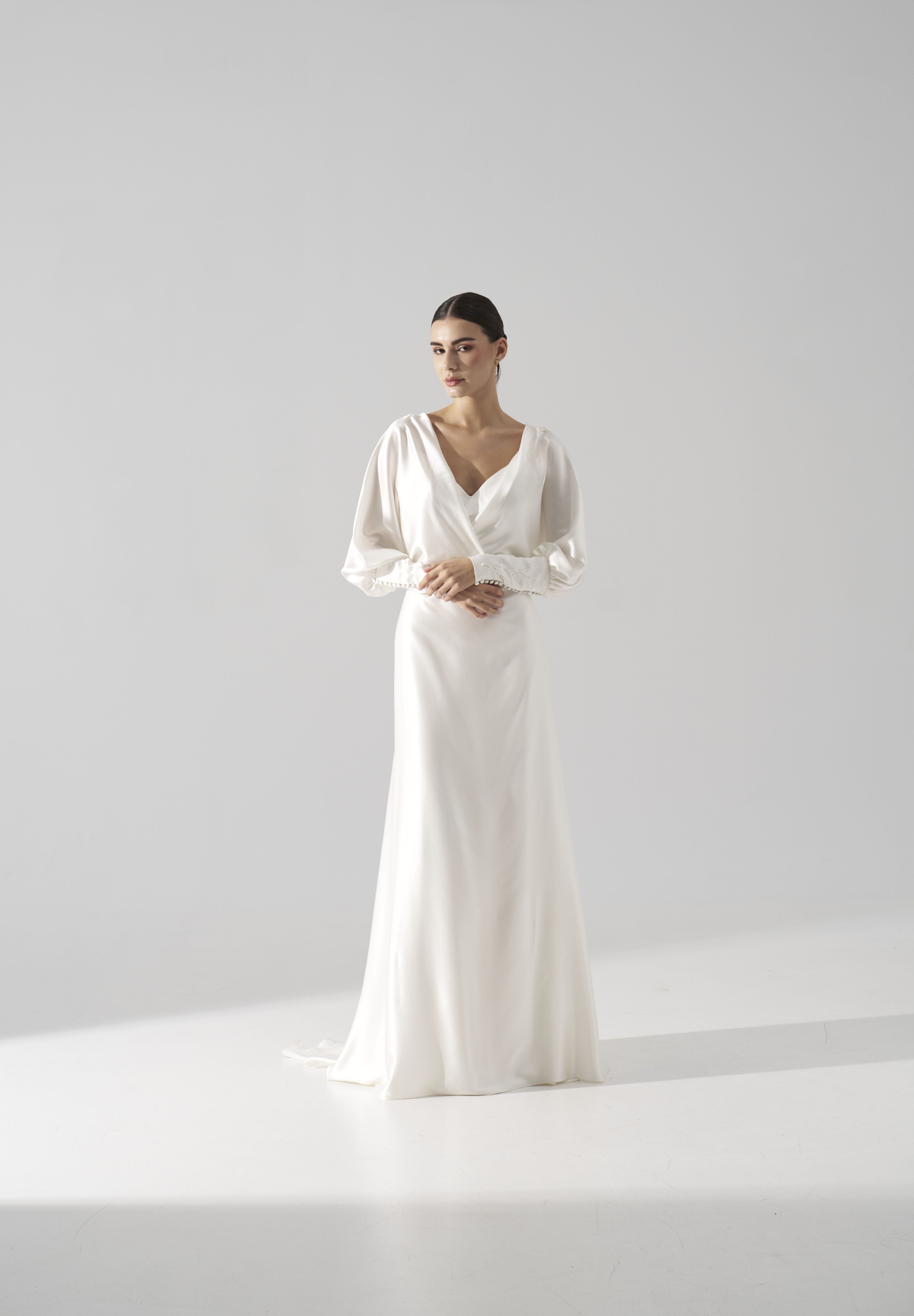 Rochie mireasa satin cu maneci Hera