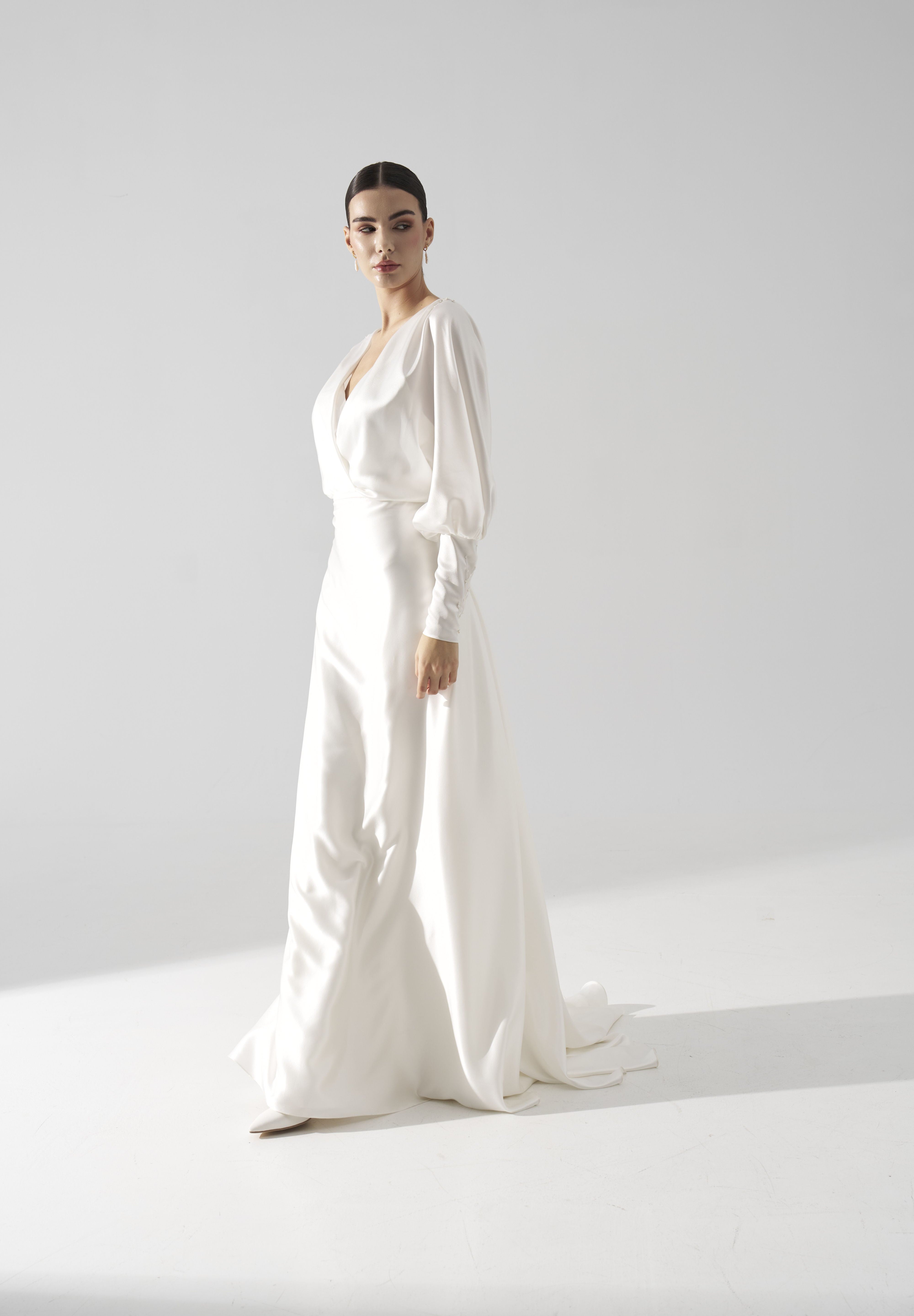 Rochie mireasa satin cu maneci Hera