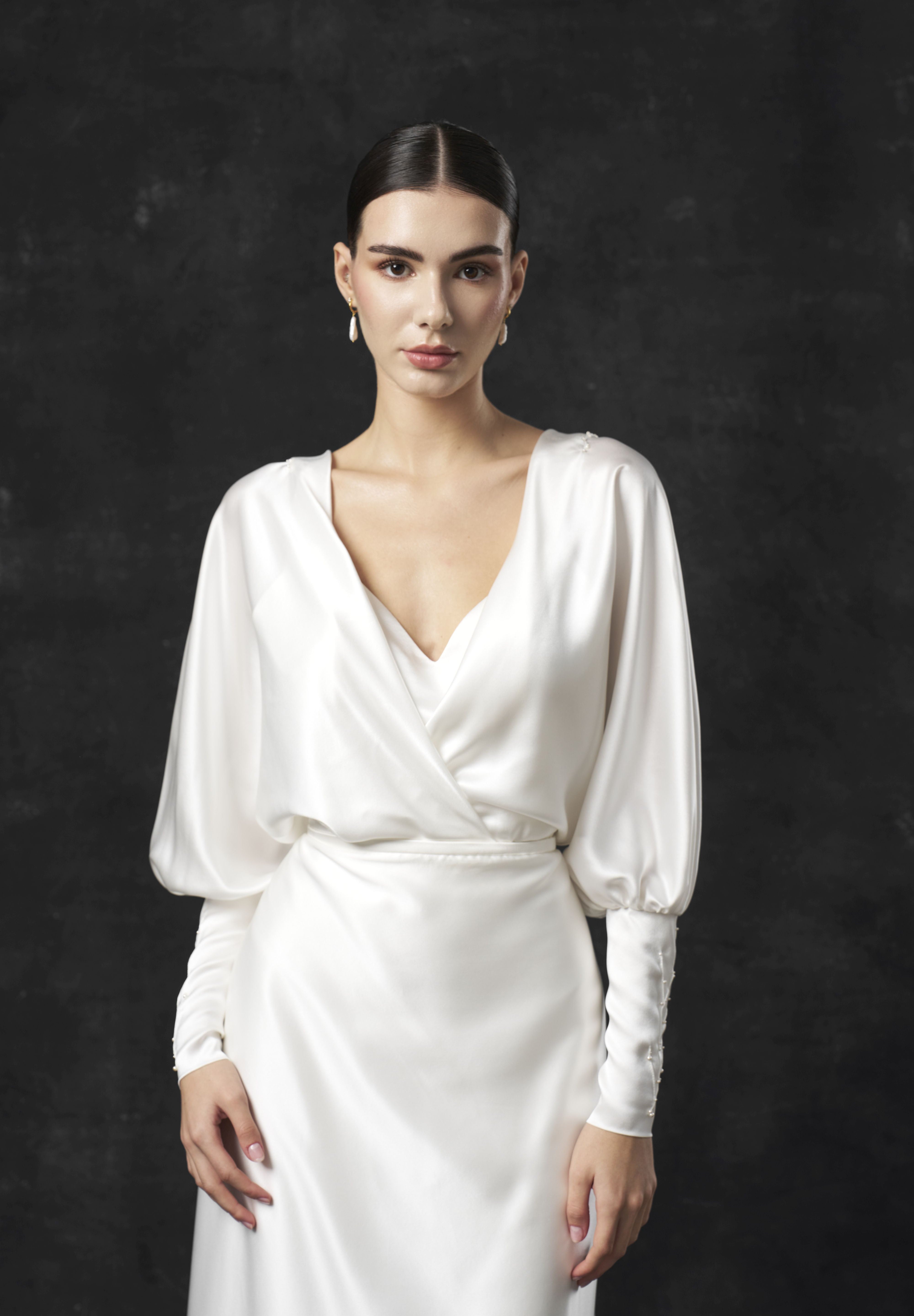 Rochie mireasa satin cu maneci Hera