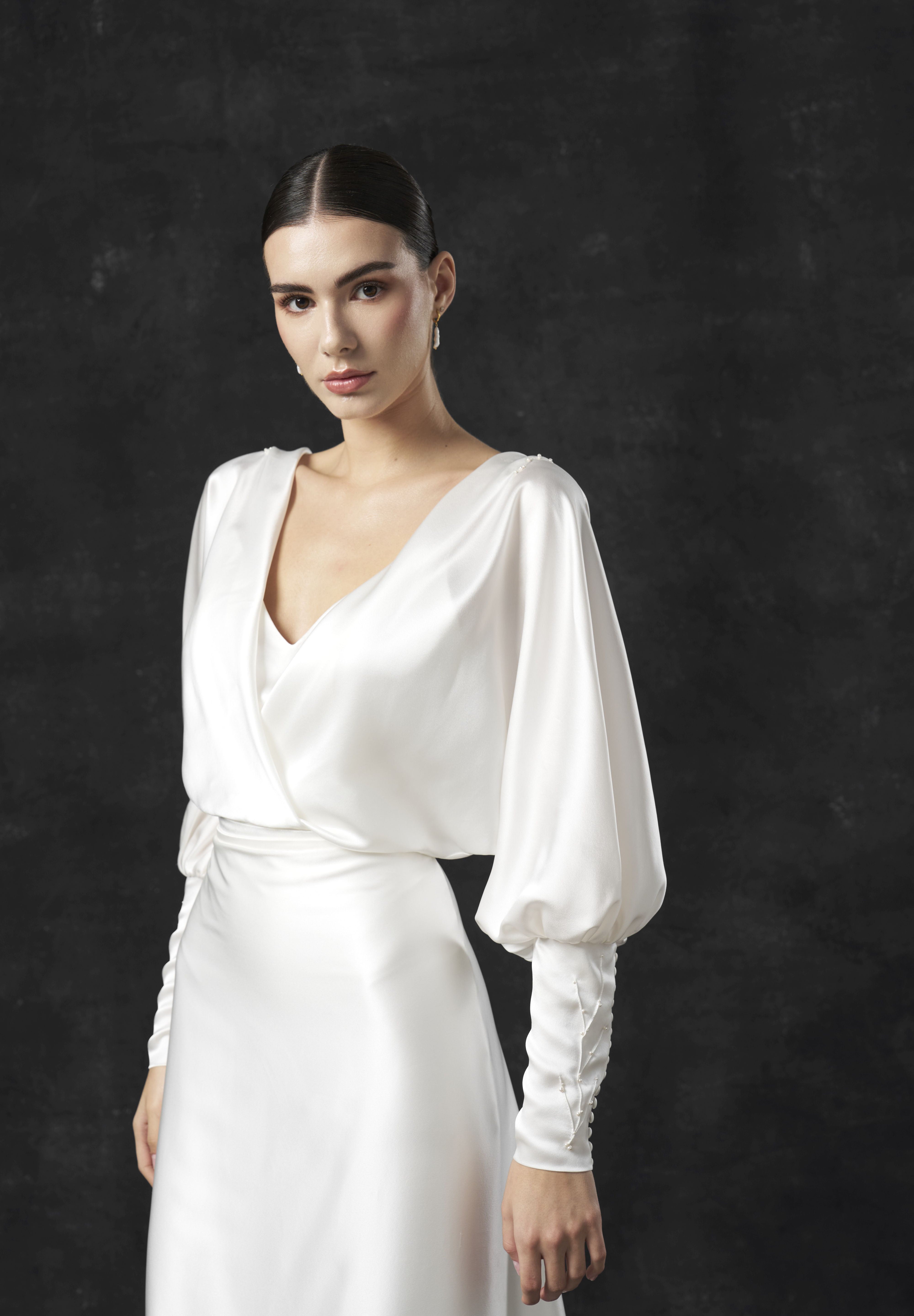 Rochie mireasa satin cu maneci Hera