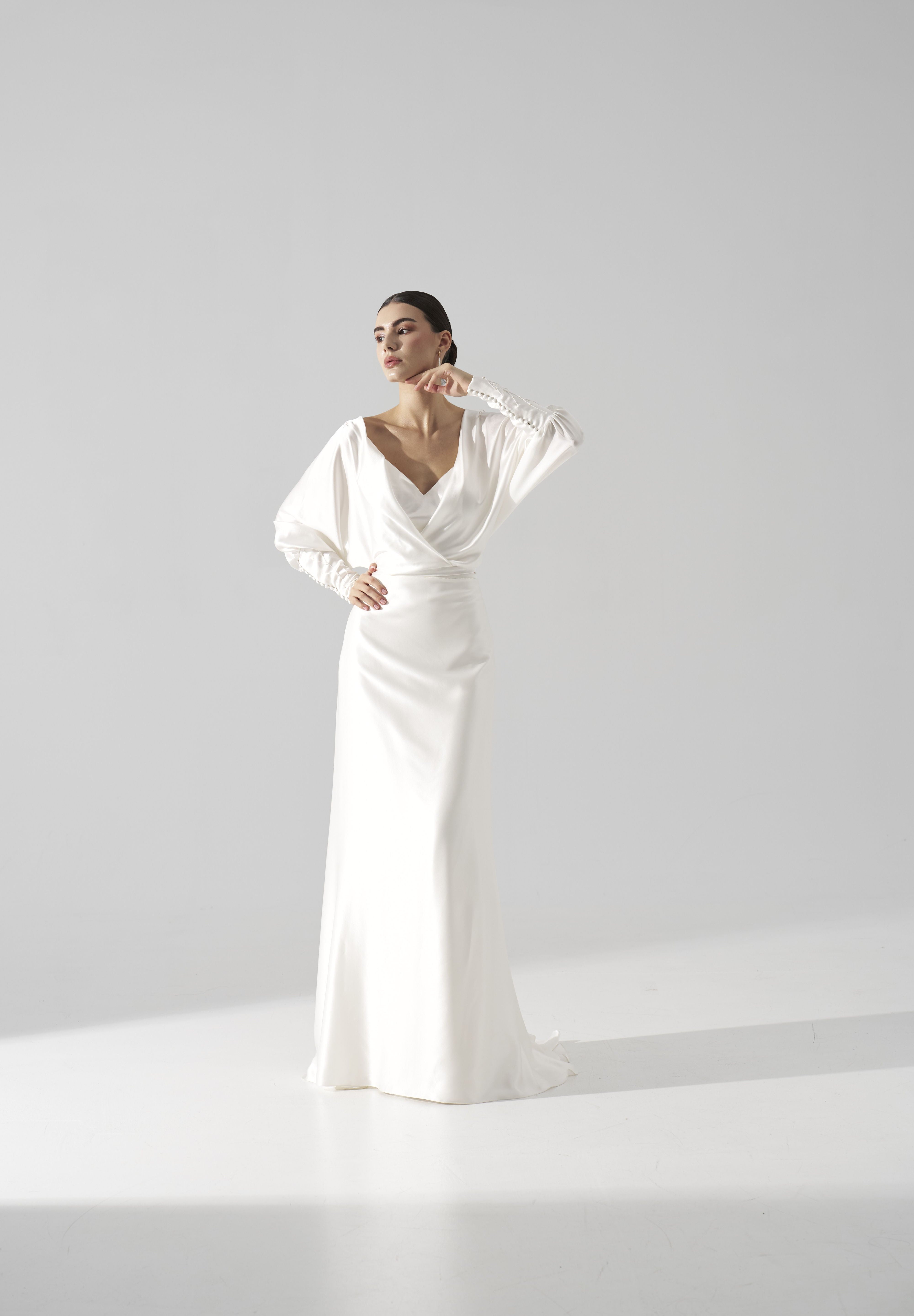 Rochie mireasa satin cu maneci Hera