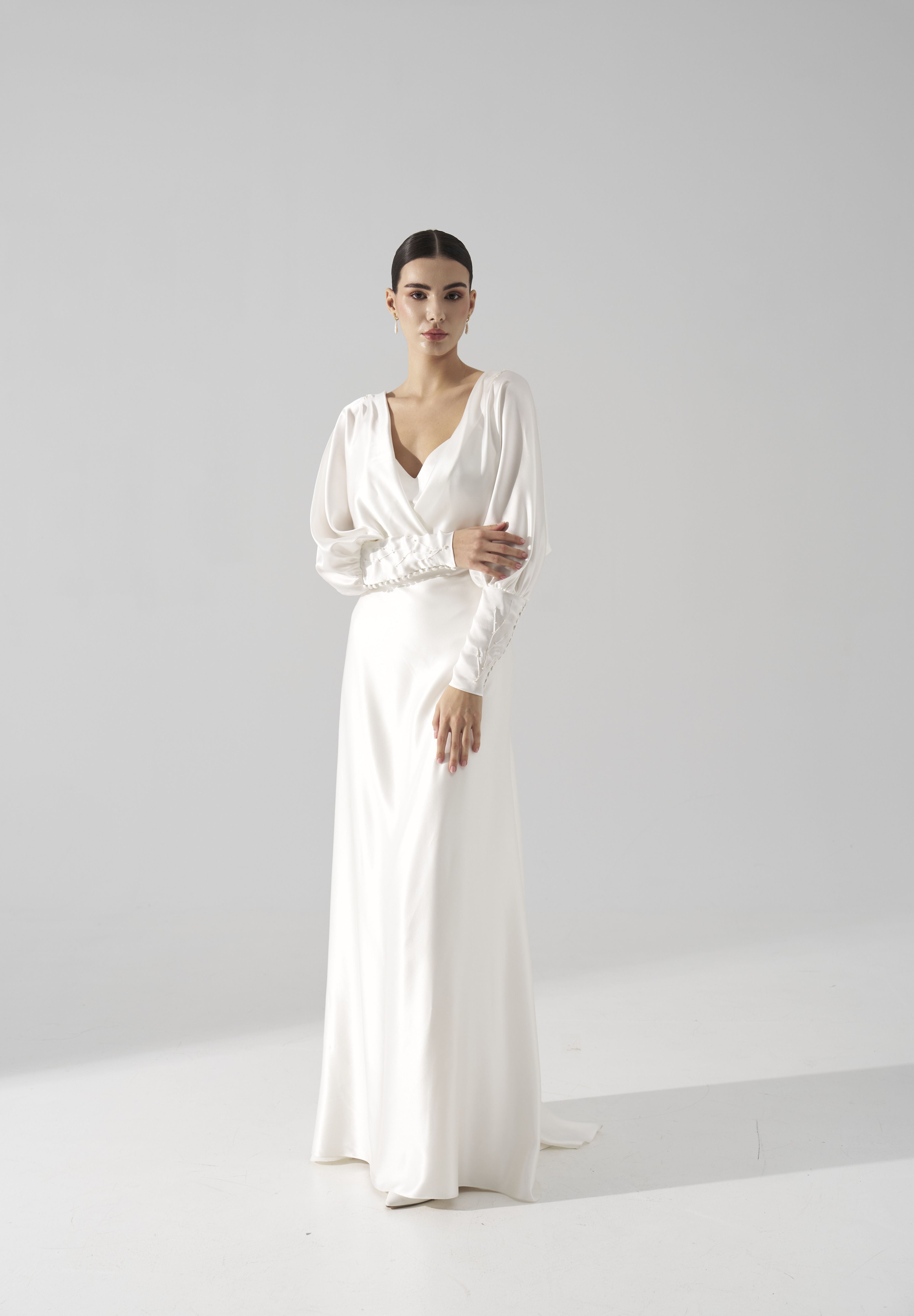 Rochie mireasa satin cu maneci Hera