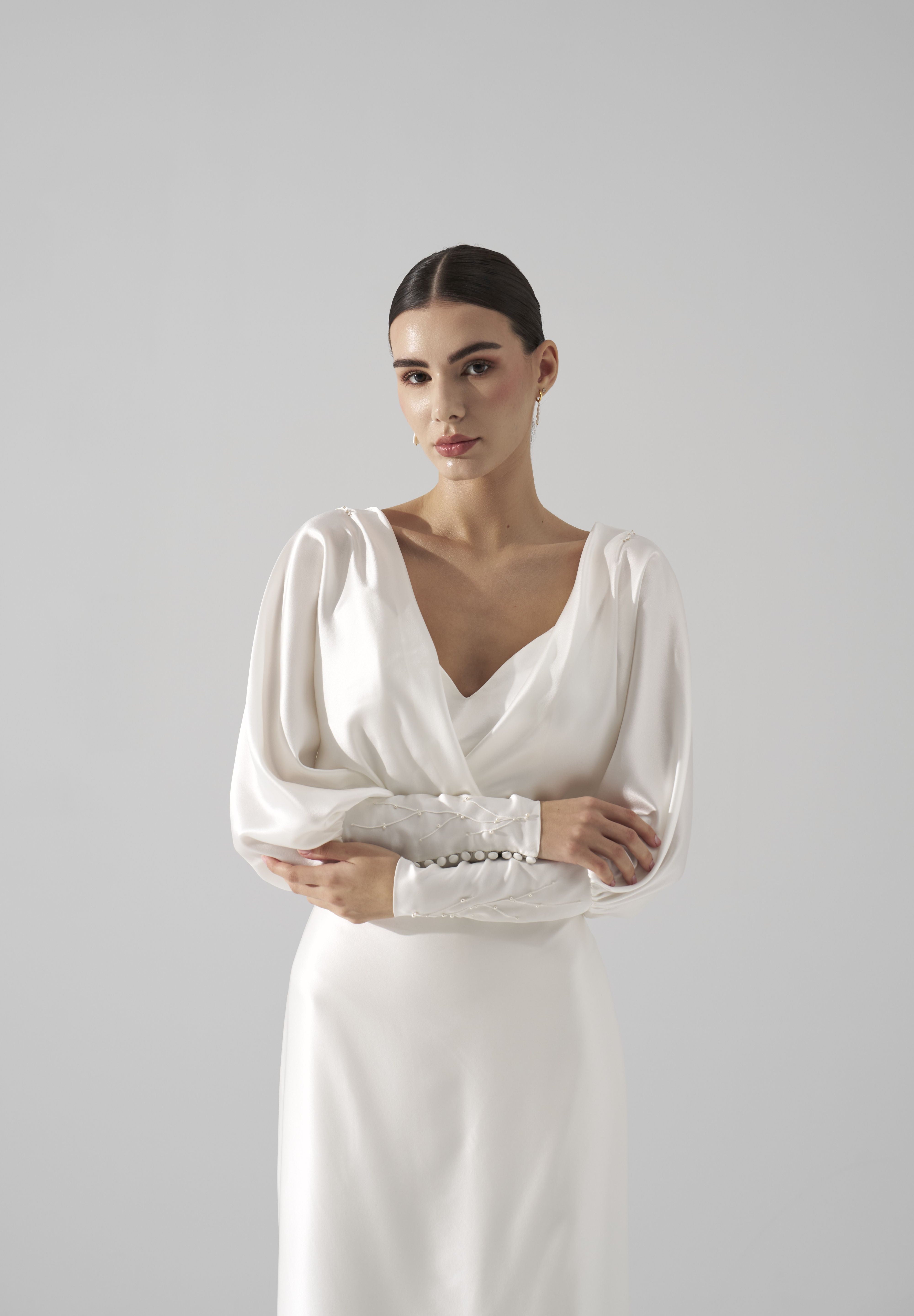 Rochie mireasa satin cu maneci Hera