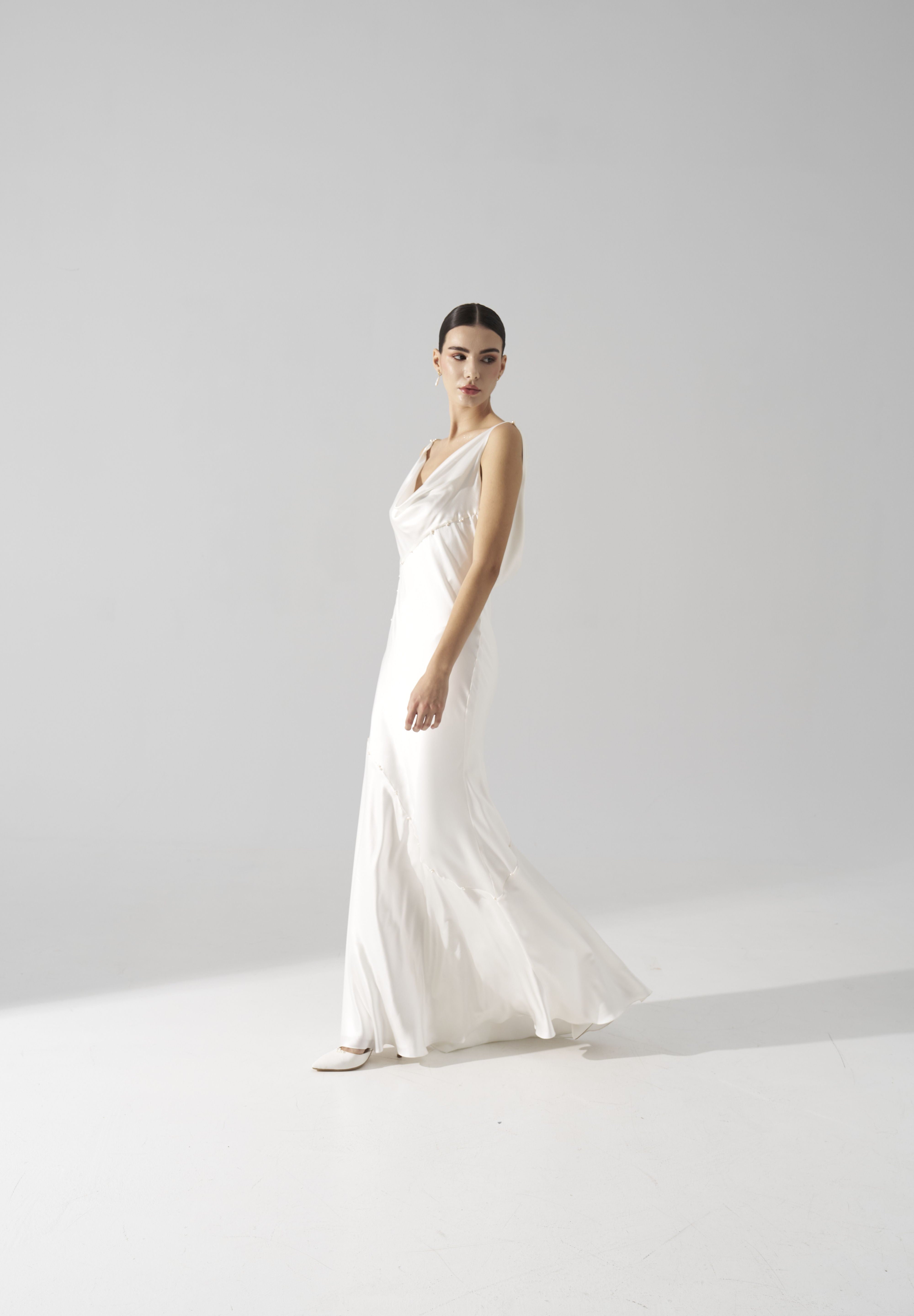 Rochie mireasa satin matase perle Ayla