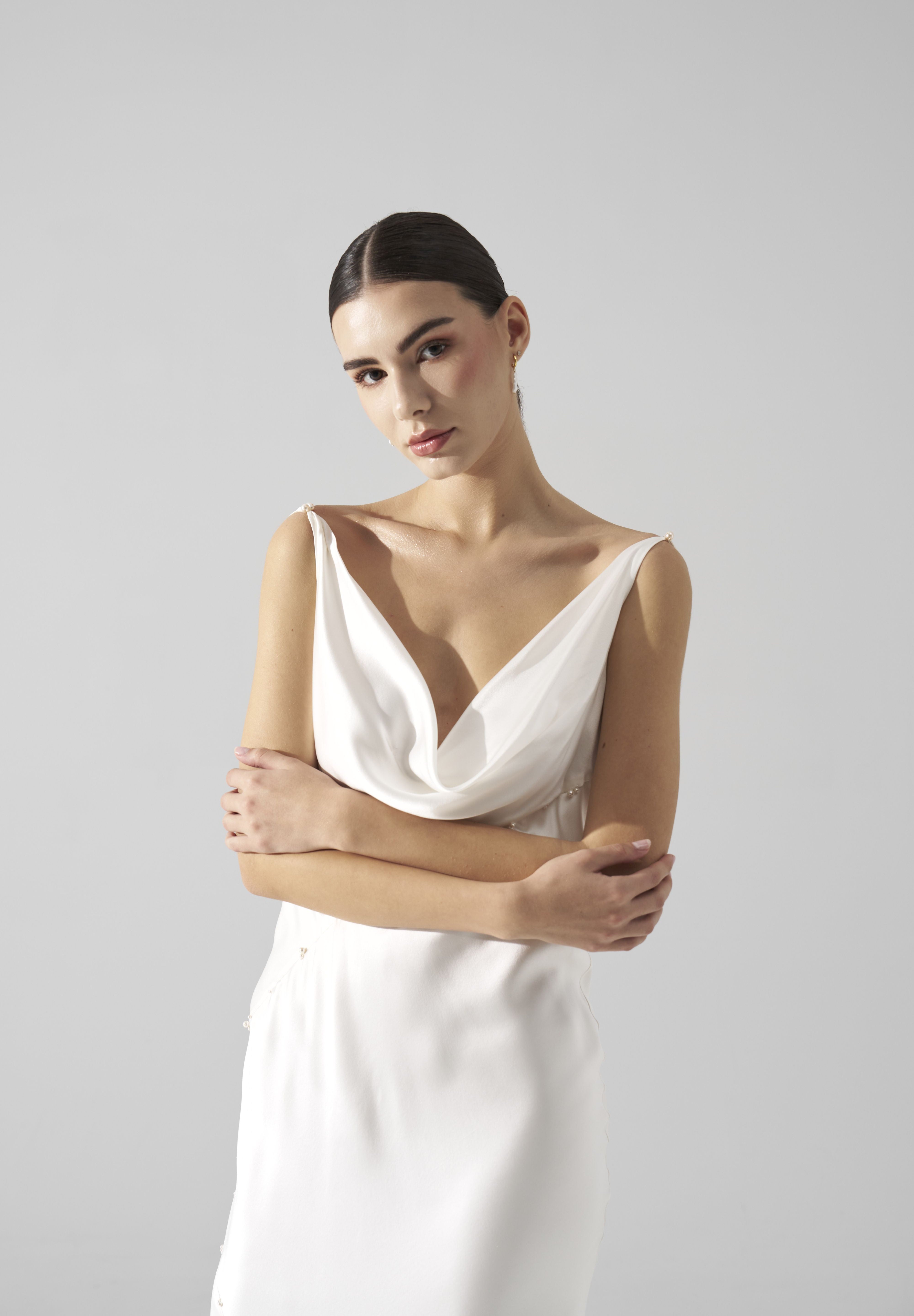 Rochie mireasa satin matase perle Ayla