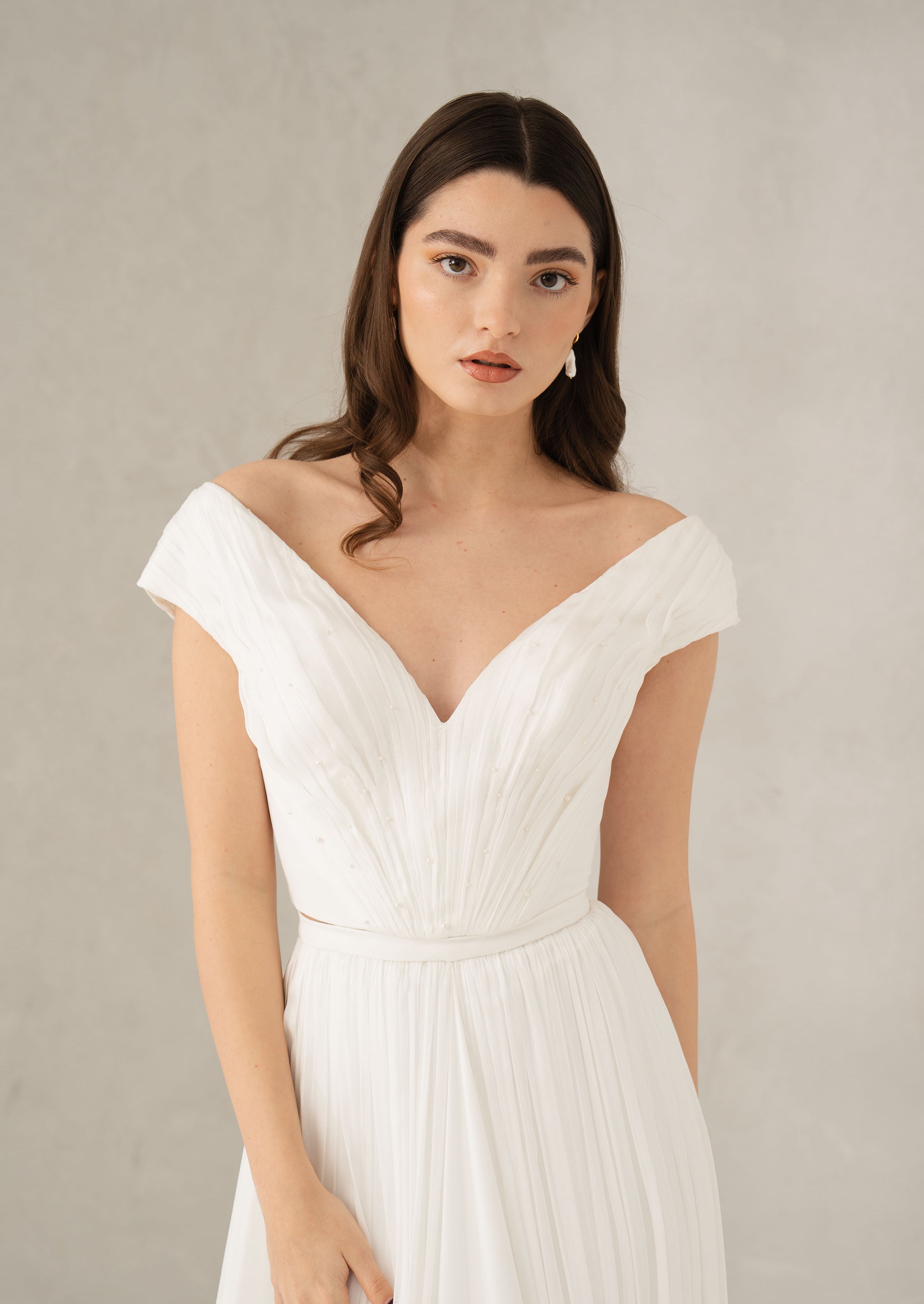 Rochie mireasa voal drapat Olivia