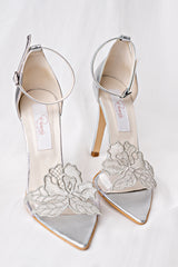Sandale mireasa argintii cu floare brodata Anne